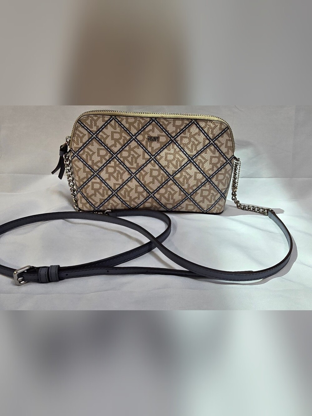 DKNY Monogram Lattice Small Crossbody Bag Beige Navy Chain Strap